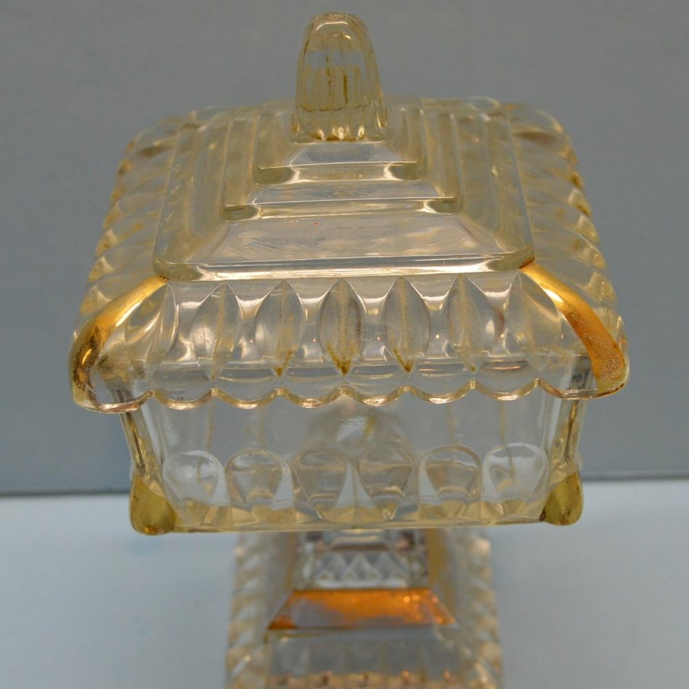 1950s Jeanette Glass Wedding Box Pedestal w/ Gold Trim